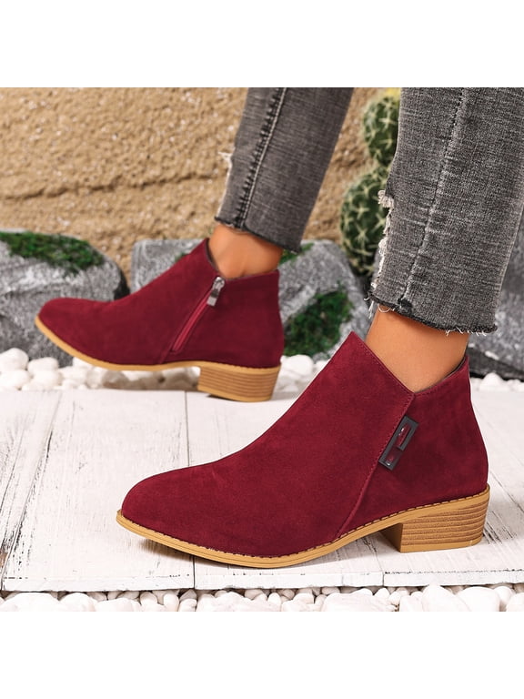 Women's Low Heel Ankle Boots Stylish Round Toe Solid Heeled Side Zipper Booties Dressy Casual Comfy Outdoor Ladies Shoes