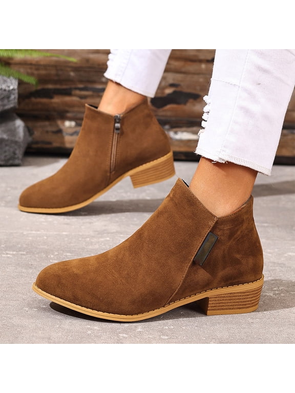 Women's Low Heel Ankle Boots Stylish Round Toe Solid Heeled Side Zipper Booties Dressy Casual Comfy Outdoor Ladies Shoes