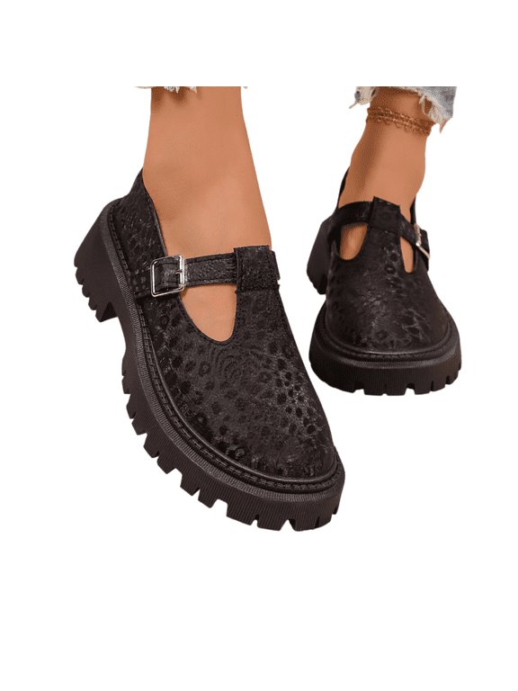 Women's Mary Jane Shoes Round Toe Retro Chunky Flats Platform Lug Sole Buckle Strap Casual Fashion Walking Shoes