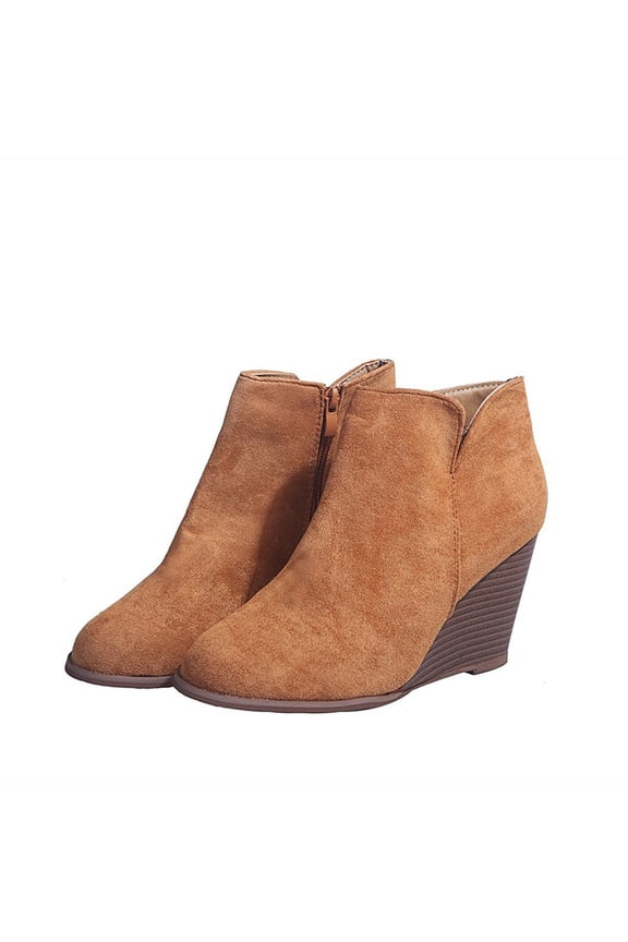 Women's Mid Ankle Bootie Wedge Booties,Fashion Suede Side Zipper Boots Chelsea Dress Ankle Booties Thick Heel Round Toe Ankle Shoes Yellow US-8.5（EU-41）