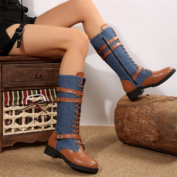 Willtoo Women's Mid Calf Boots Lace up Combat Boots Denim Leather Riding Motorcycle Long Booties Low Heel Gothic Motorcycle Flats Long Shoes Blue