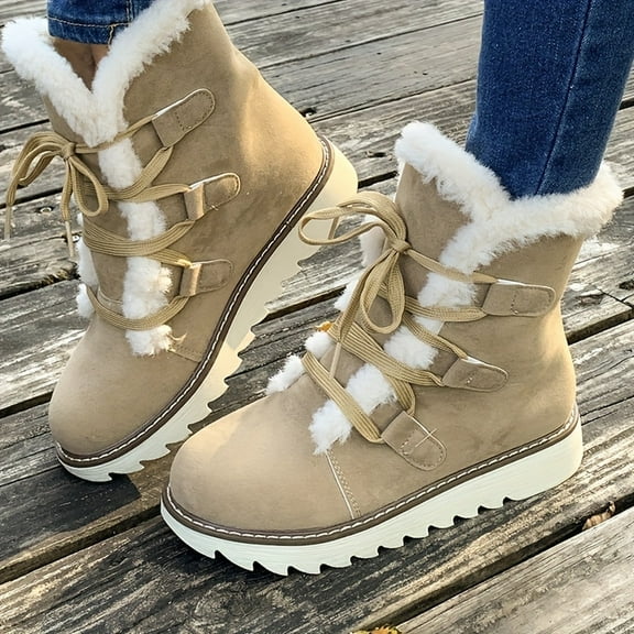 Willtoo Women's Mid Calf Boots Low Heel Faux Furry Lined Suede Leather Lace Up Short Boots Fashion Comfortable Slip on Fall Winter Boots Zip Up Vintage 2025 Ladies Boots Women Booties Khaki