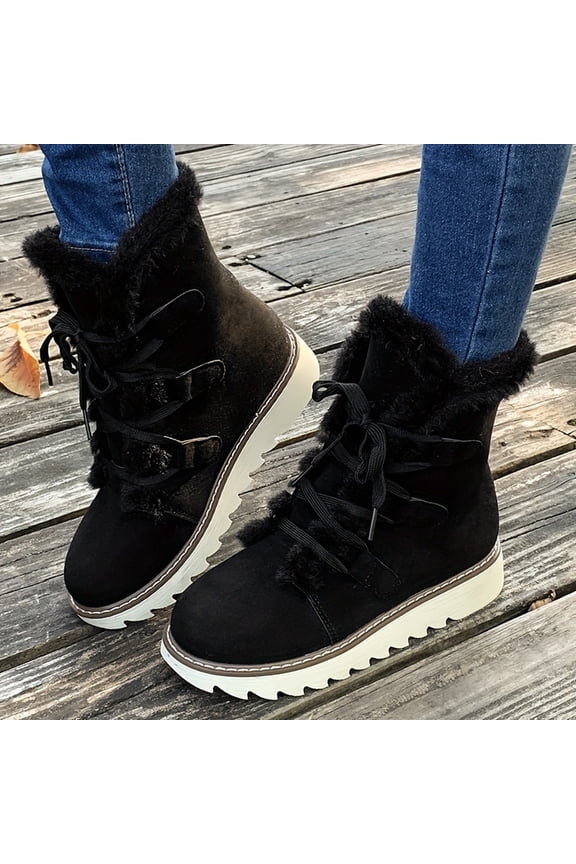 Women's Mid Calf Boots Low Heel Faux Furry Lined Suede Leather Lace Up Short Boots Fashion Comfortable Slip on Fall Winter Boots Zip Up Vintage 2025 Ladies Boots Women Booties Black