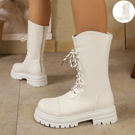 Willtoo Women's Mid Calf Platform Combat Boots, Round Toe Lace Up Chunky Lug Sole Boots, Non Slip Fashion Winter Boots