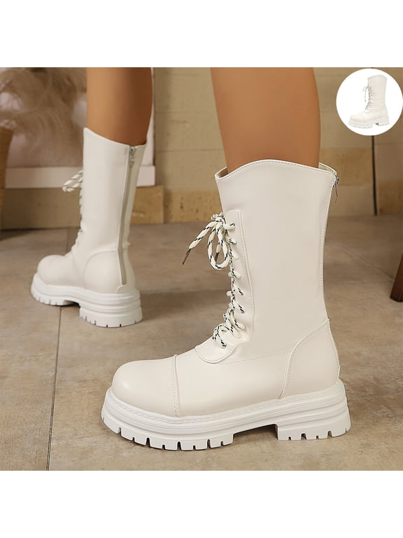 Women's Mid Calf Platform Combat Boots, Round Toe Lace Up Chunky Lug Sole Boots, Non Slip Fashion Winter Boots