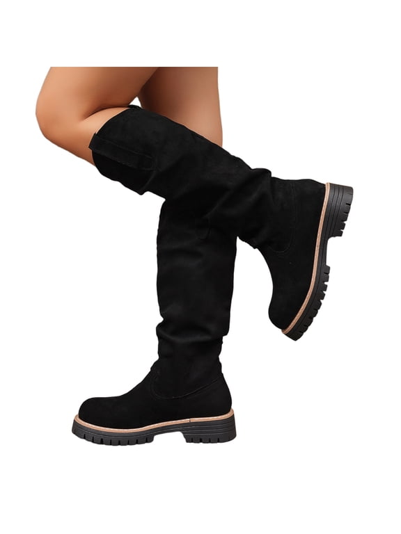 Women's Mid Calf Slouchy Boots Chunky Lug Sole Low Heel Round Toe Pull On Casual Shoes Comfortable Fall Winter Daily Wear Boots