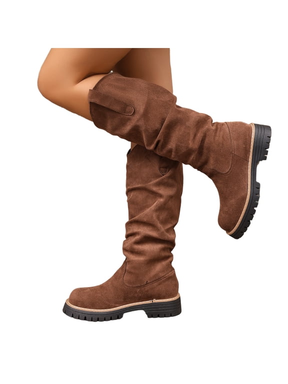 Women's Mid Calf Slouchy Boots Chunky Lug Sole Low Heel Round Toe Pull On Casual Shoes Comfortable Fall Winter Daily Wear Boots