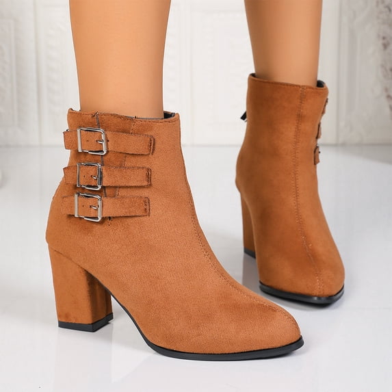 Willtoo Women’s Multi‑Buckle Ankle Booties, Side Zipper Block Heel Dress Boots, Pointed Toe Fashion Ankle Boots Party Dating Daily Footwear