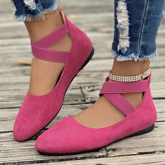 Willtoo Women's One Foot Stirrup Comfortable Round Toe Black Flats Women's Ankle Strap Flats Hot Pink