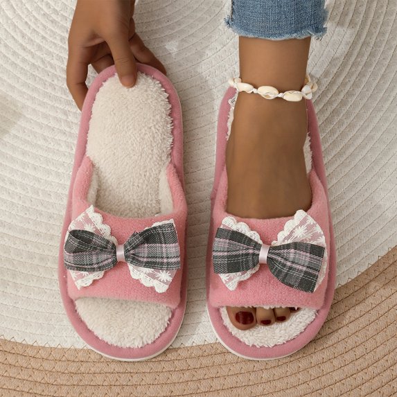 Willtoo Women's Open Toe Memory Foam Slippers - Cute Fuzzy House Shoes with Lace Bow, Soft Plush Ligthweight Slides Non-Slip Indoor Comfortable Slippers
