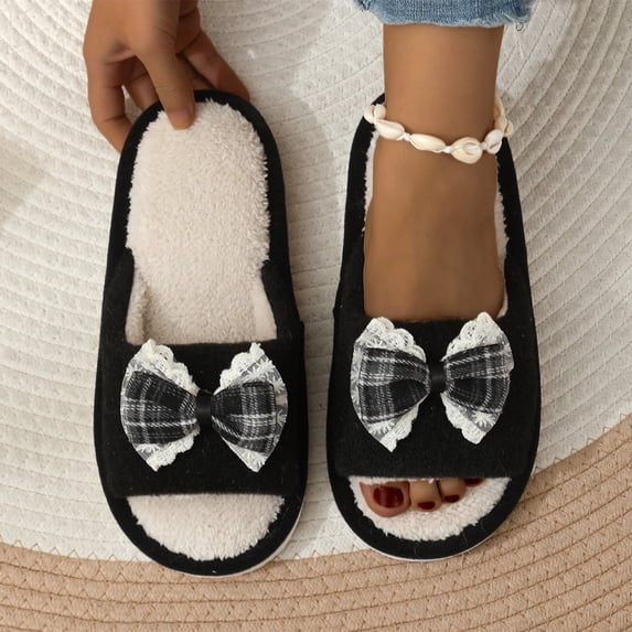 Willtoo Women's Open Toe Memory Foam Slippers - Cute Fuzzy House Shoes with Lace Bow, Soft Plush Ligthweight Slides Non-Slip Indoor Comfortable Slippers