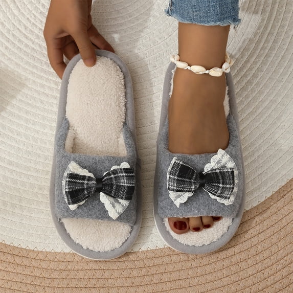 Willtoo Women's Open Toe Memory Foam Slippers - Cute Fuzzy House Shoes with Lace Bow, Soft Plush Ligthweight Slides Non-Slip Indoor Comfortable Slippers
