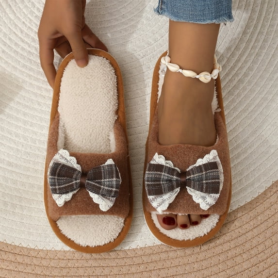 Willtoo Women's Open Toe Memory Foam Slippers - Cute Fuzzy House Shoes with Lace Bow, Soft Plush Ligthweight Slides Non-Slip Indoor Comfortable Slippers