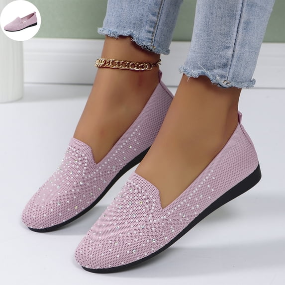 Willtoo Women's Orthopedic Dress Shoes Knit Mesh Slip on Flat Shoes Rhinestone Walking Shoes Casual Breathable Casual Ballet Flats