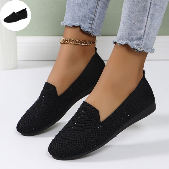 Willtoo Women's Orthopedic Dress Shoes Knit Mesh Slip on Flat Shoes Rhinestone Walking Shoes Casual Breathable Casual Ballet Flats