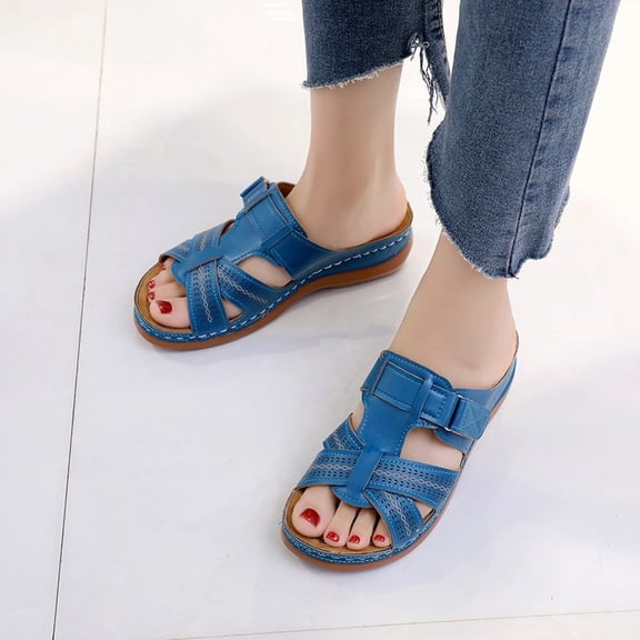 Willtoo Women's Orthopedic Sandals Arch Support Dressy Summer Comfortable Open Toe Flip Flops Wedge Platform Orthotic Walking Sandals Blue US-10(EU-43)