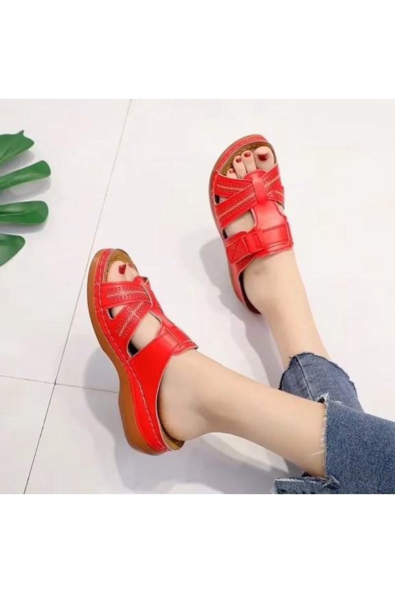 Women's Orthopedic Sandals Arch Support Dressy Summer Comfortable Open Toe Flip Flops Wedge Platform Orthotic Walking Sandals Red US-6.5(EU-37)