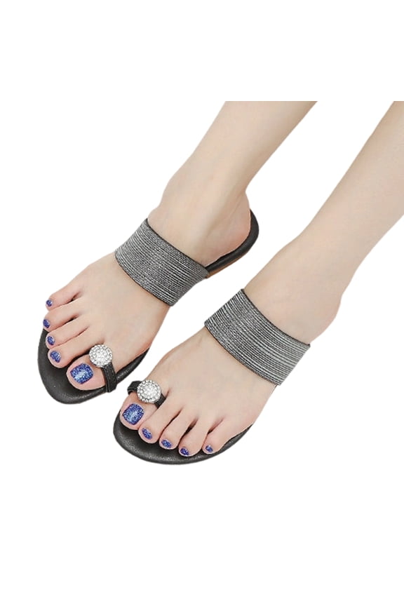 Women's PU Rhinestone Toe Ring Flat Sandals Rhinestone Jeweled Sandals