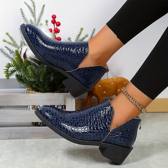 Willtoo Women's Patent Leather Pointed Toe Side Chunky Heel Casual Shoes Blue