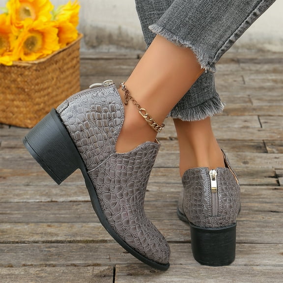 Willtoo Women's Patent Leather Pointed Toe Side Chunky Heel Casual Shoes Gray