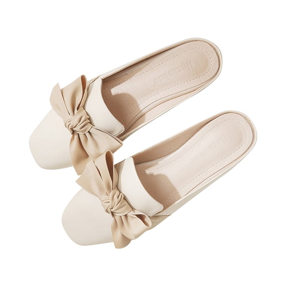 Willtoo Women's Pearl Decor Flat Shoes,Comfortable Round Toe Slip On Backless Dress Slide Sandals Ladies Loafers Beige US-7.5（EU-39）