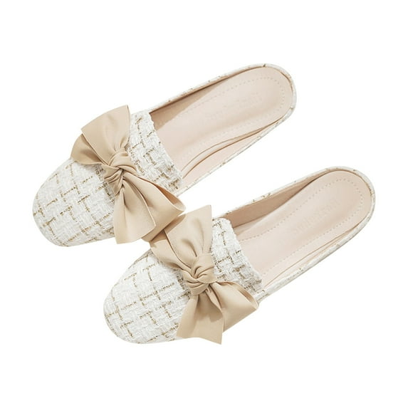 Willtoo Women's Pearl Decor Flat Shoes,Comfortable Round Toe Slip On Backless Dress Slide Sandals Ladies Loafers Khaki US-8.5(EU-41)