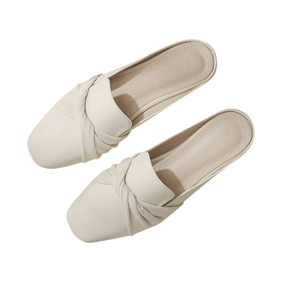 Willtoo Women's Pearl Decor Flat Shoes,Comfortable Round Toe Slip On Backless Dress Slide Sandals Ladies Loafers White US-6.5（EU-37）