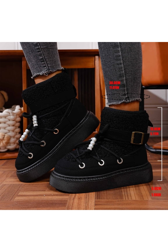 Women’s Platform Ankle Snow Boots, Pearl Decor Thick Lace Up Buckle Strap Suede Short Booties, Warm Fuzzy Lined Non-Slip Chunky Sole Winter Fashion Boots
