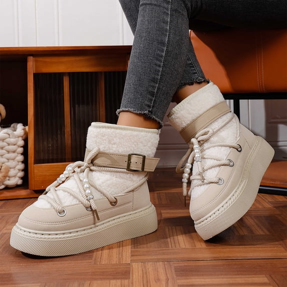Willtoo Women’s Platform Ankle Snow Boots, Pearl Decor Thick Lace Up Buckle Strap Suede Short Booties, Warm Fuzzy Lined Non-Slip Chunky Sole Winter Fashion Boots