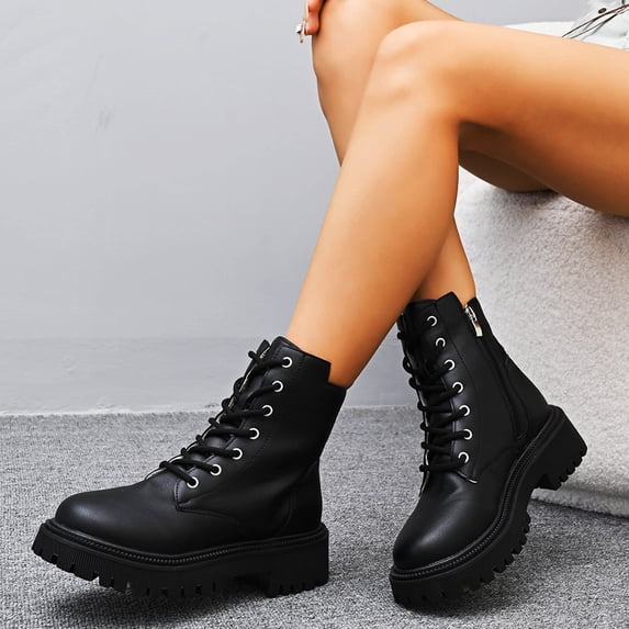 Willtoo Women's Platform Combat Ankle Boots Fashion Lace-up Short Booties with Lug Sole and Side Zipper Fashion Non Slip Walking Shoes