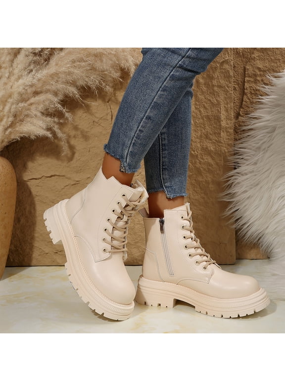 Women’s Platform Combat Boots, Lace Up Side Zipper Chunky Lug Sole Ankle Booties, Anti Slip Comfortable Leather Boots, Fashion Goth Short Boots for Fall Winter