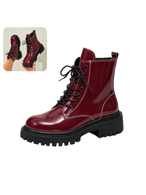 Women's Platform Combat Boots Stylish Fashion Lace-Up Ankle Short Bootie Punk Motorcycle Leather Boots for Fall Winter