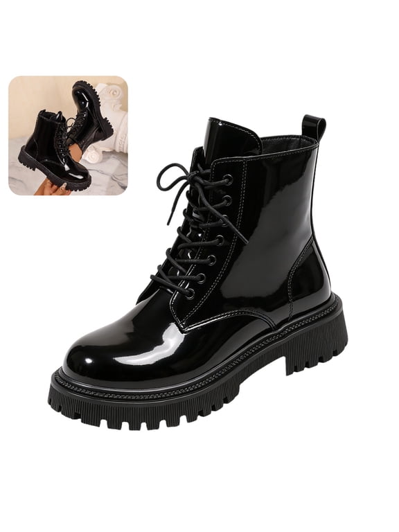 Women's Platform Combat Boots Stylish Fashion Lace-Up Ankle Short Bootie Punk Motorcycle Leather Boots for Fall Winter