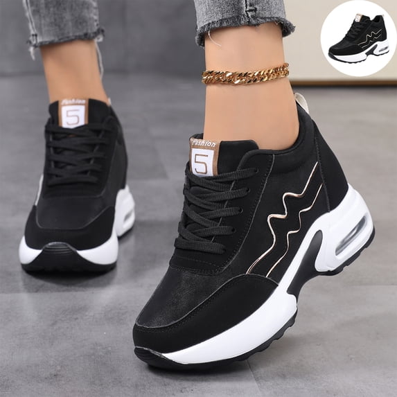 Willtoo Women's Platform Hidden Wedge Fashion Sneakers Lace‑Up Faux Leather Height‑Boost Walking Shoes, Non Slip Comfortable Casual Sport Shoes