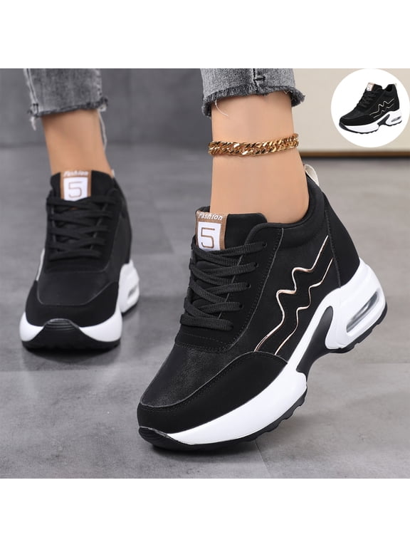 Women's Platform Hidden Wedge Fashion Sneakers Lace‑Up Faux Leather Height‑Boost Walking Shoes, Non Slip Comfortable Casual Sport Shoes
