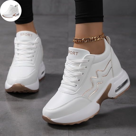 Willtoo Women's Platform Hidden Wedge Fashion Sneakers Lace‑Up Faux Leather Height‑Boost Walking Shoes, Non Slip Comfortable Casual Sport Shoes