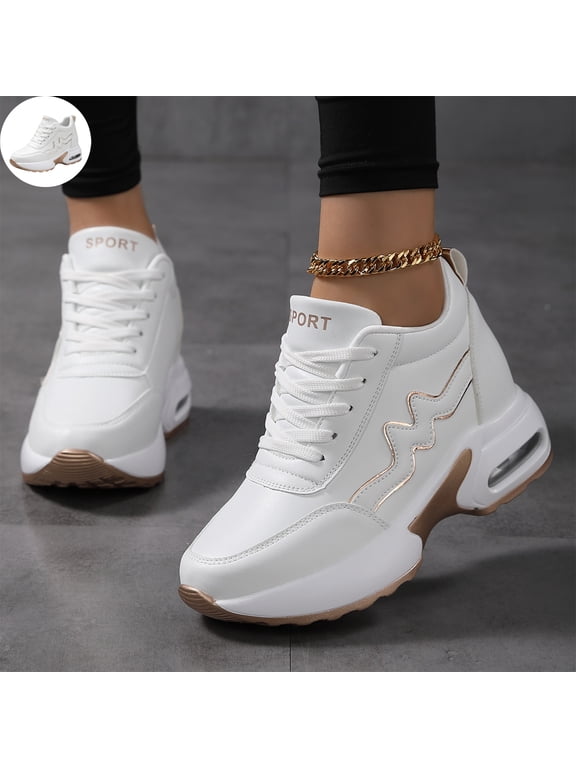 Women's Platform Hidden Wedge Fashion Sneakers Lace‑Up Faux Leather Height‑Boost Walking Shoes, Non Slip Comfortable Casual Sport Shoes