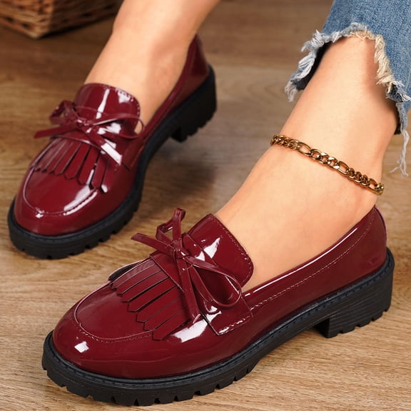 Willtoo Women's Platform Loafers with Bow Design, Chunky Heel Slip On Shoes, Trendy and Comfortable Footwear for Casual and Office Wear Wine