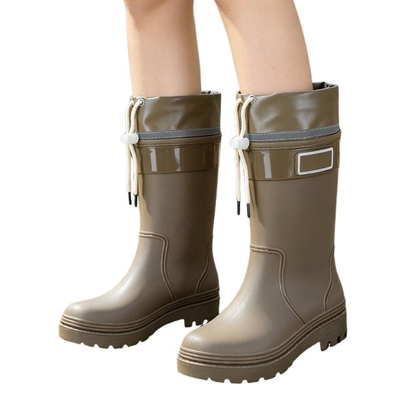 Willtoo Women's Platform Rain Boots Waterproof Anti Slip Work Shoes Mid Calf Rain Boots with Drawstring Waterproof Outdoor Rubber Boots
