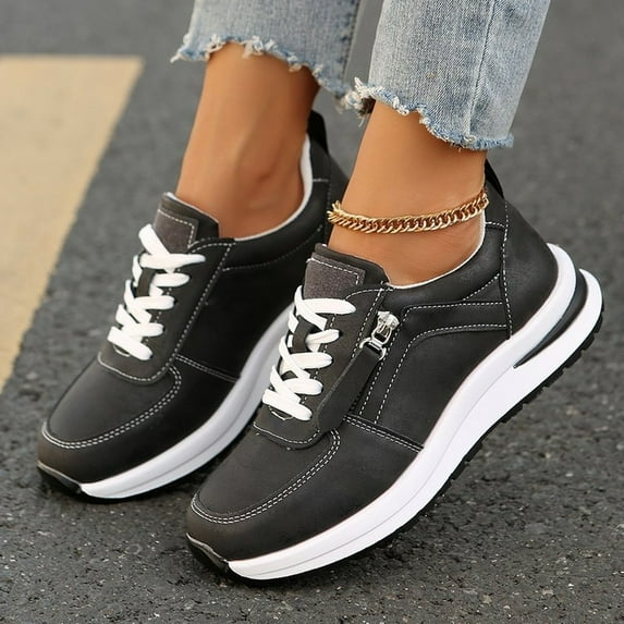Willtoo Women's Platform Tennis Shoes Wedge Sneakers Fashion Canvas Casual Hidden Heel Slip On Sneaker Non Side Low-Top Lace-Up Solid Color with Comfortable Lightweight Walking Black