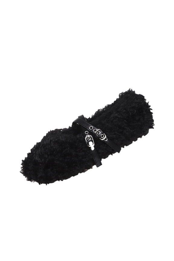 Women's Plush Fleece Lined Mary Jane Shoes with Cross Strap & Low Heel for Fall/Winter Black