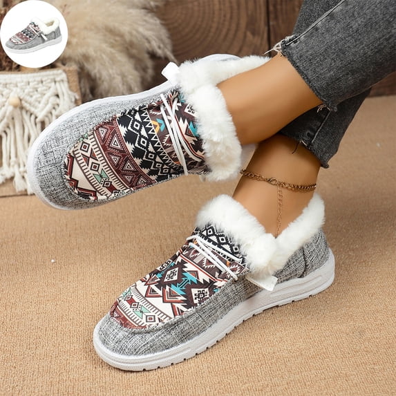 Willtoo Women's Plush Lined Slip On Shoes, Ethnic Pattern Warm Casual Loafers, Comfortable Non-Slip Winter Footwear