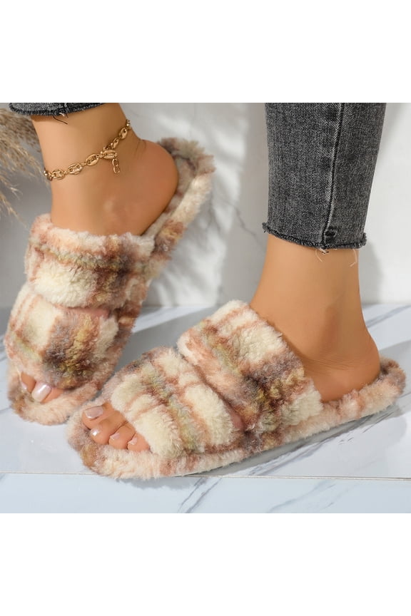Women’s Plush Slide Slippers, Open Toe Double Strap Fluffy Cozy House Slides, Soft Cushioned Non-Slip Flat Winter Indoor Outdoor Bedroom Slippers
