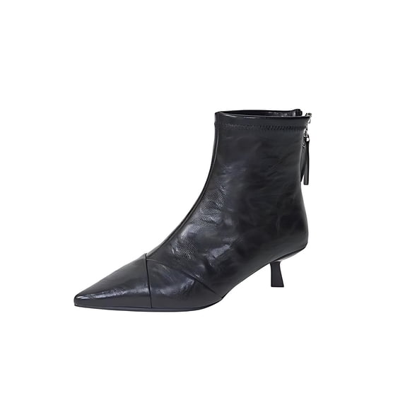 Willtoo Women's Pointed Toe Ankle, Brown Leather, Kitten Heel Back Zipper Black
