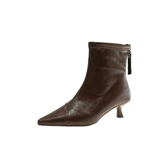 Willtoo Women's Pointed Toe Ankle, Brown Leather, Kitten Heel Back Zipper Brown