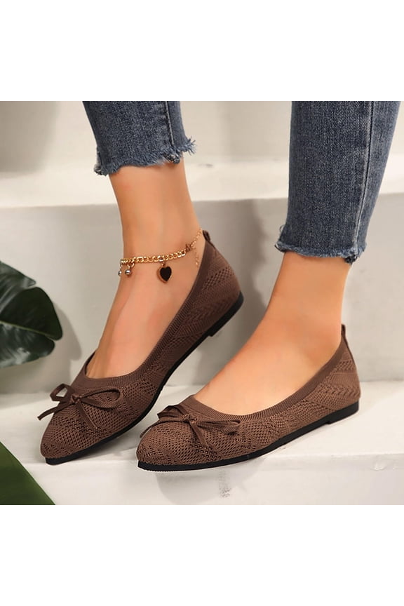 Women's Pointed Toe Flats Shoes for Ladies Girls Cute Bowknot Knit Breathable Comfortable Slip On Casual Dressy Ballet Flats for Walking Work Business Brown