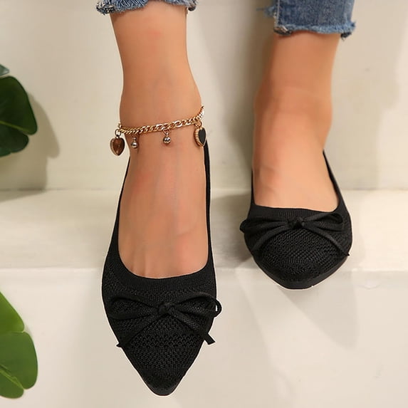 Willtoo Women's Pointed Toe Flats Shoes for Ladies Girls Cute Bowknot Knit Breathable Comfortable Slip On Casual Dressy Ballet Flats for Walking Work Business Black