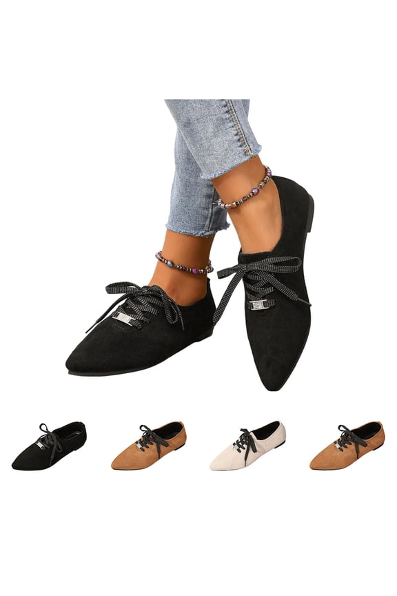 Women's Pointed Toe Lace Up Flats Soft Suede Casual Oxford Shoes, Comfort Low Flat Walking Dress Shoes for Daily Work
