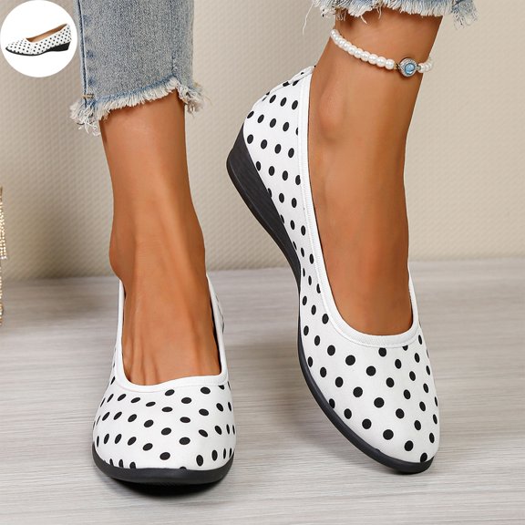 Willtoo Women's Polka Dot Wedge Shoes, Round Toe Slip On Low Heel Pumps, Comfortable Casual Footwear