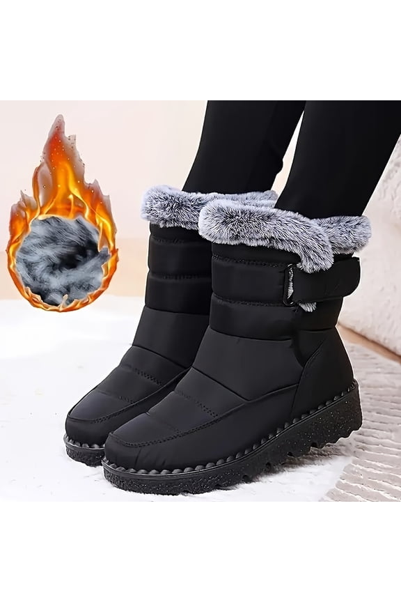 Women's Pu Waterproof Snow Boots Winter Plus Velvet Non-Slip Warm Outdoor Ankle Boots Suitable For Light Camping Fur Lined Sneaker Black